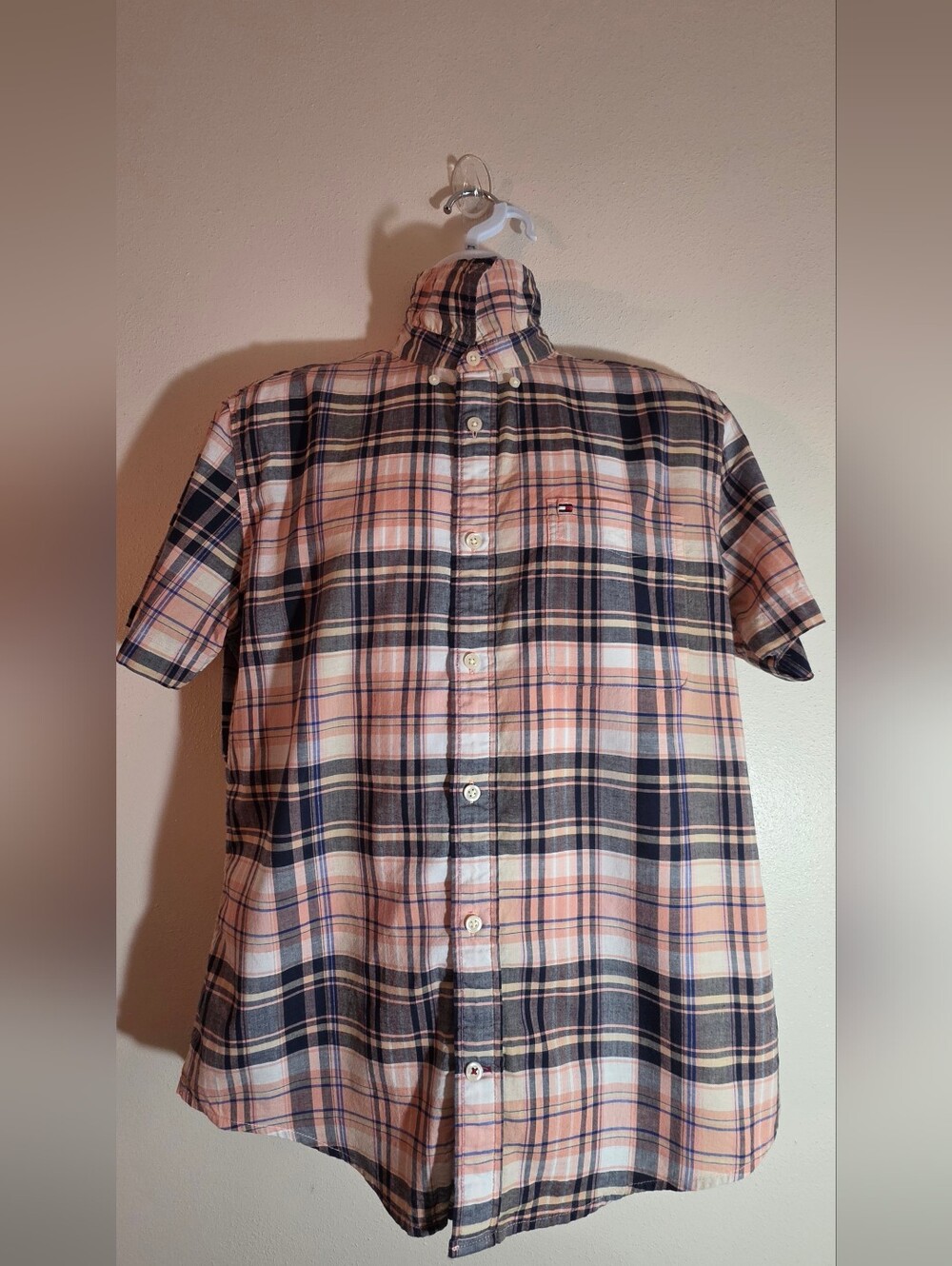Tommy Hilfiger Men's Short-Sleeve Plaid Button-Up Shirt - Peach/Navy
